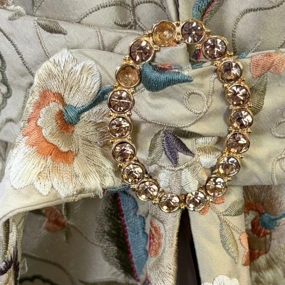 Embroidered Kimono Jacket Beige Floral Open Front Belted Women's M Bohemian - Picture 11 of 13